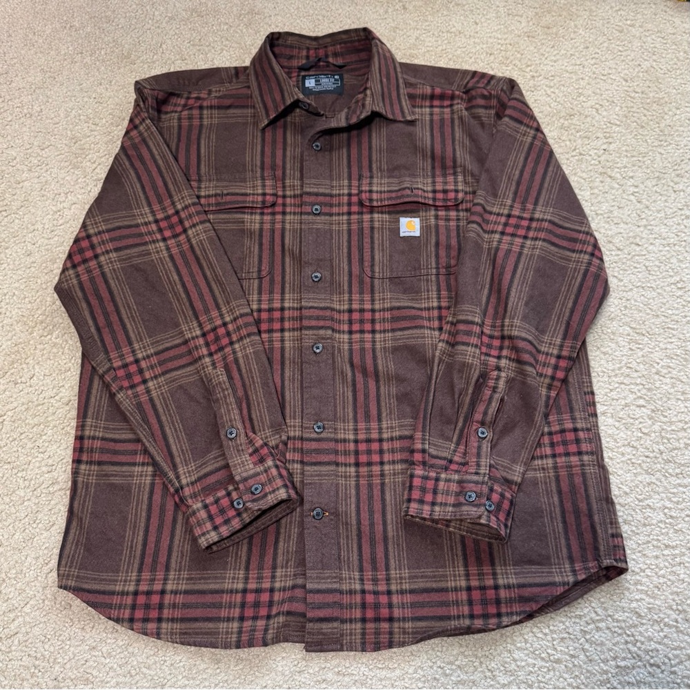 Carhartt Brown and Red Plaid Casual Button-Down Shirt